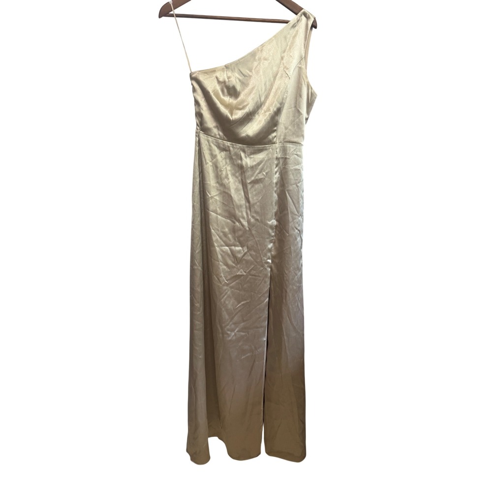 Birdy Grey One Shoulder Maxi Dress Womens Small Gold Good‎ Satin Slit Gown